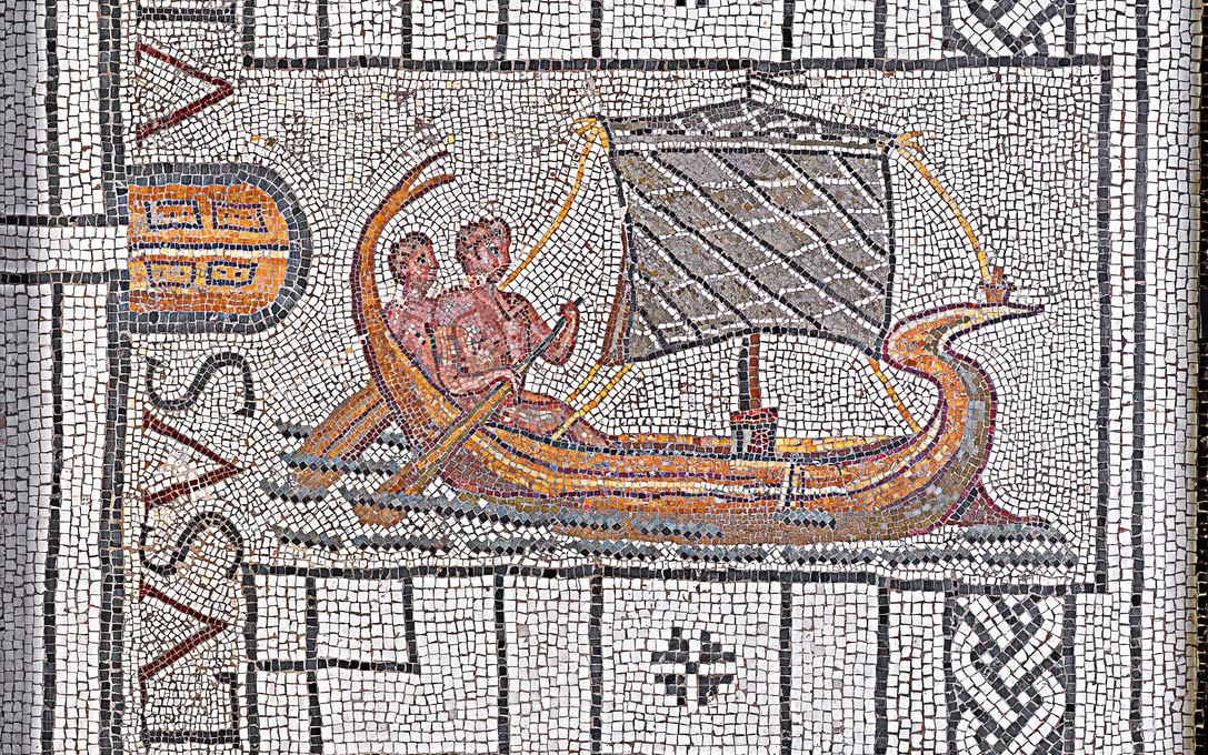 A mosaic of two people in a sailing ship.