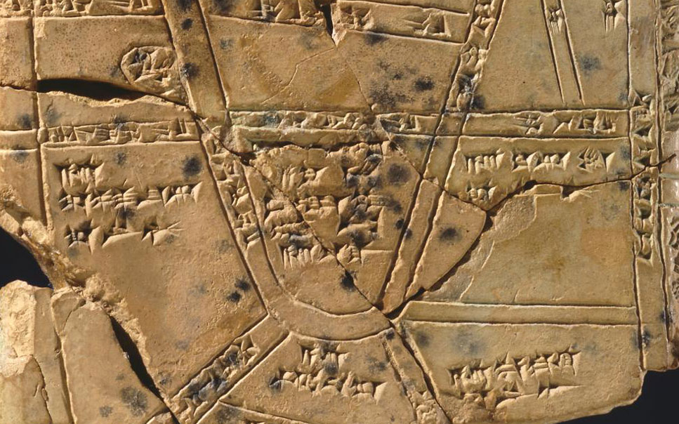 Ancient map tablet with cuneiform writing.