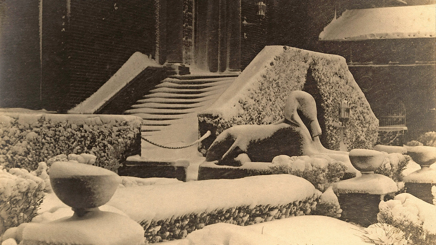 Sphinx replica in the snow.