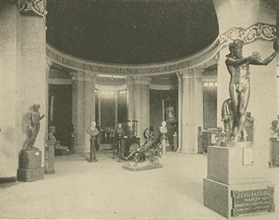 The interior of the Royal Italian Pavilion, St. Louis World’s Fair. This view shows the other decoration inside: a copy of the 6th century BCE Greek vase called the François Vase from the Florence Museum, portraits of the Italian royal family, and copies of marble busts of Roman emperors (also produced by Chiurazzi). From Louisiana and the Fair: An Exposition of the World, Its People, and Their Achievements. ed. J. W. Buel. St. Louis 1904–1905; v. 6, after p. 2126.