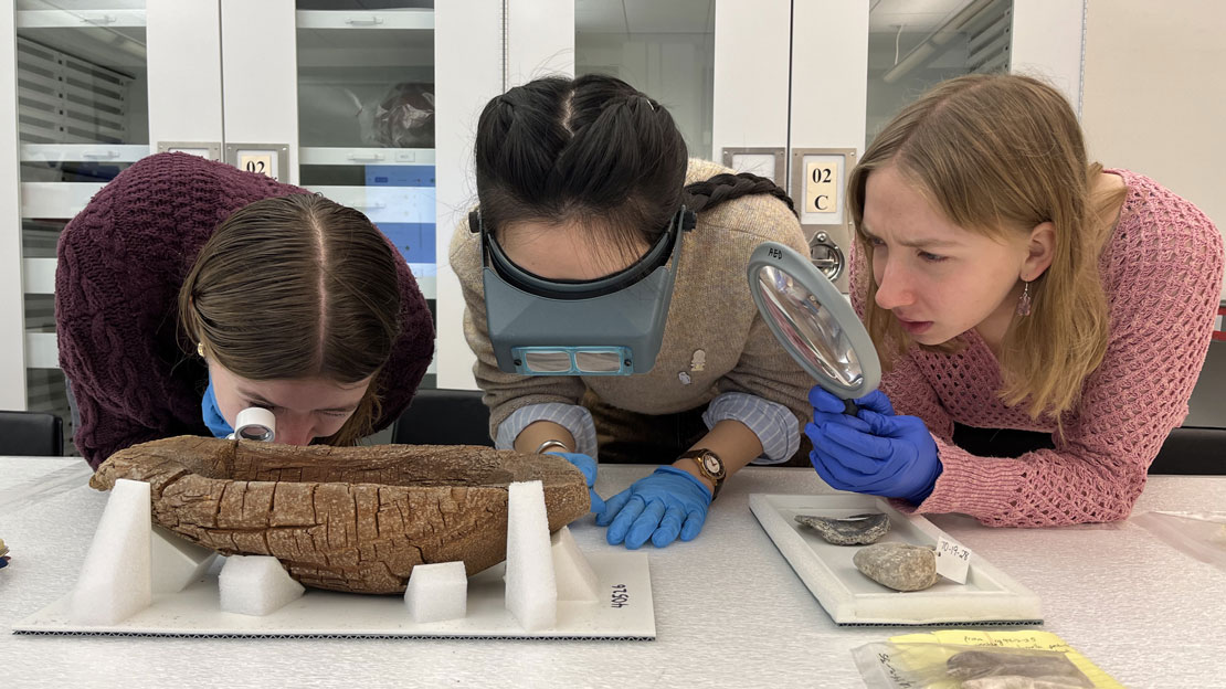 Student interns examining artifacts in a lab.