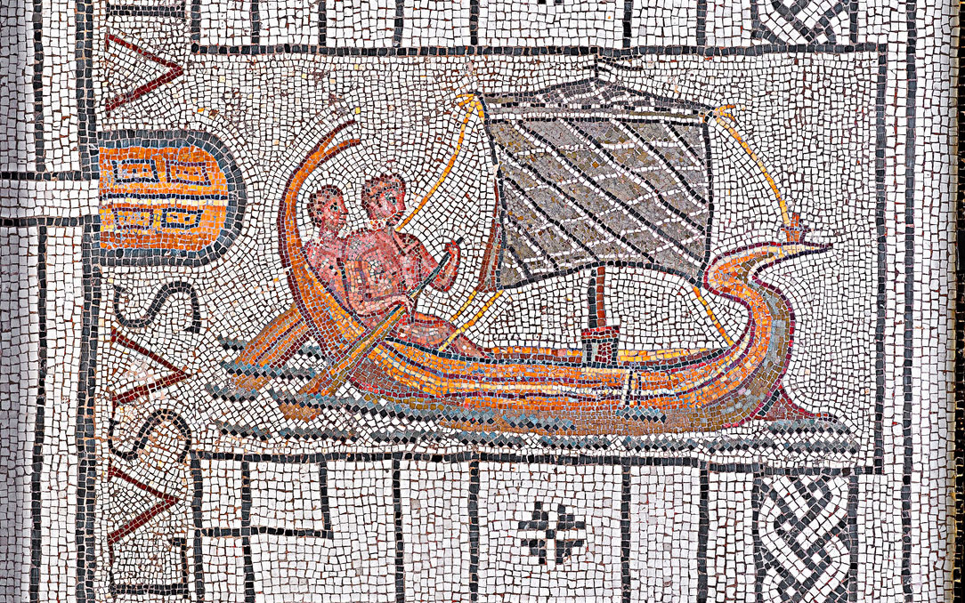 Roman mosaic of two people sailing in a ship.
