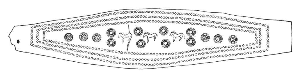 Line drawing of lozenge shaped belt with geometric patterns of bosses and lines are supplemented with images of sundisks and rays, horses, and dancing men