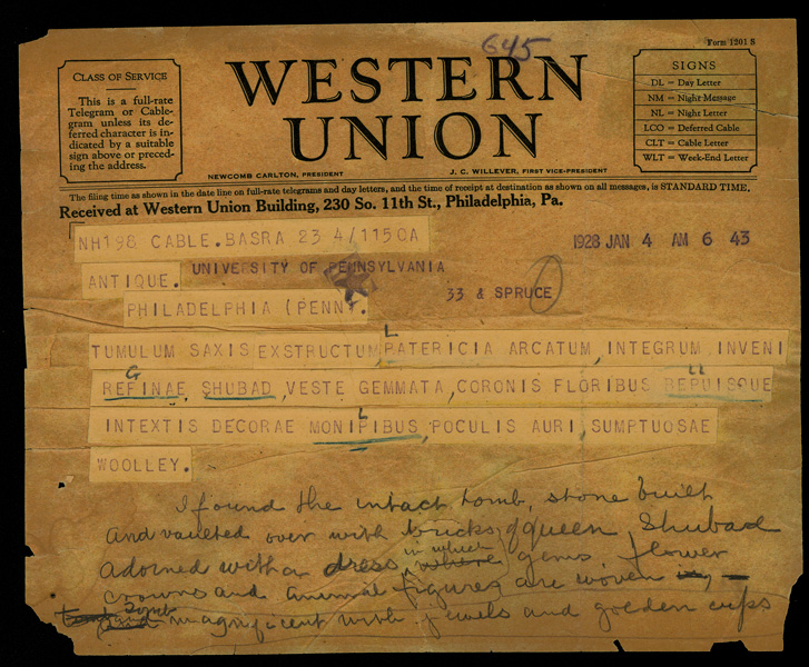 Telegram from Woolley announcing the discovery.