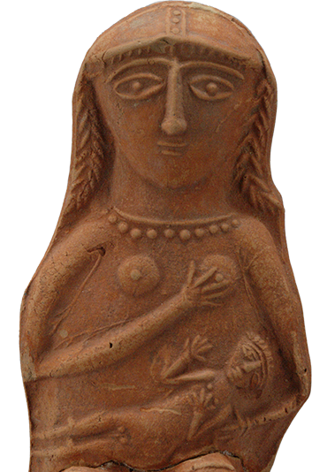 Figurine of seated woman holding child, her right hand supporting her left breast.